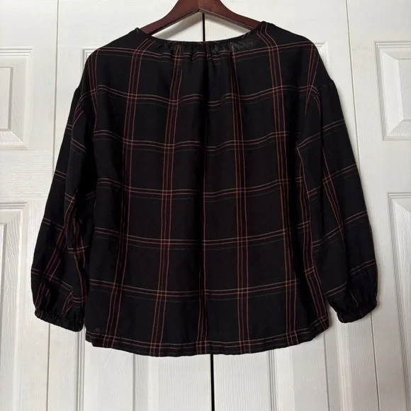 Madewell Shirred Peasant Long Sleeve Half Button Top in Windowpane - True Black - Picture 3 of 9